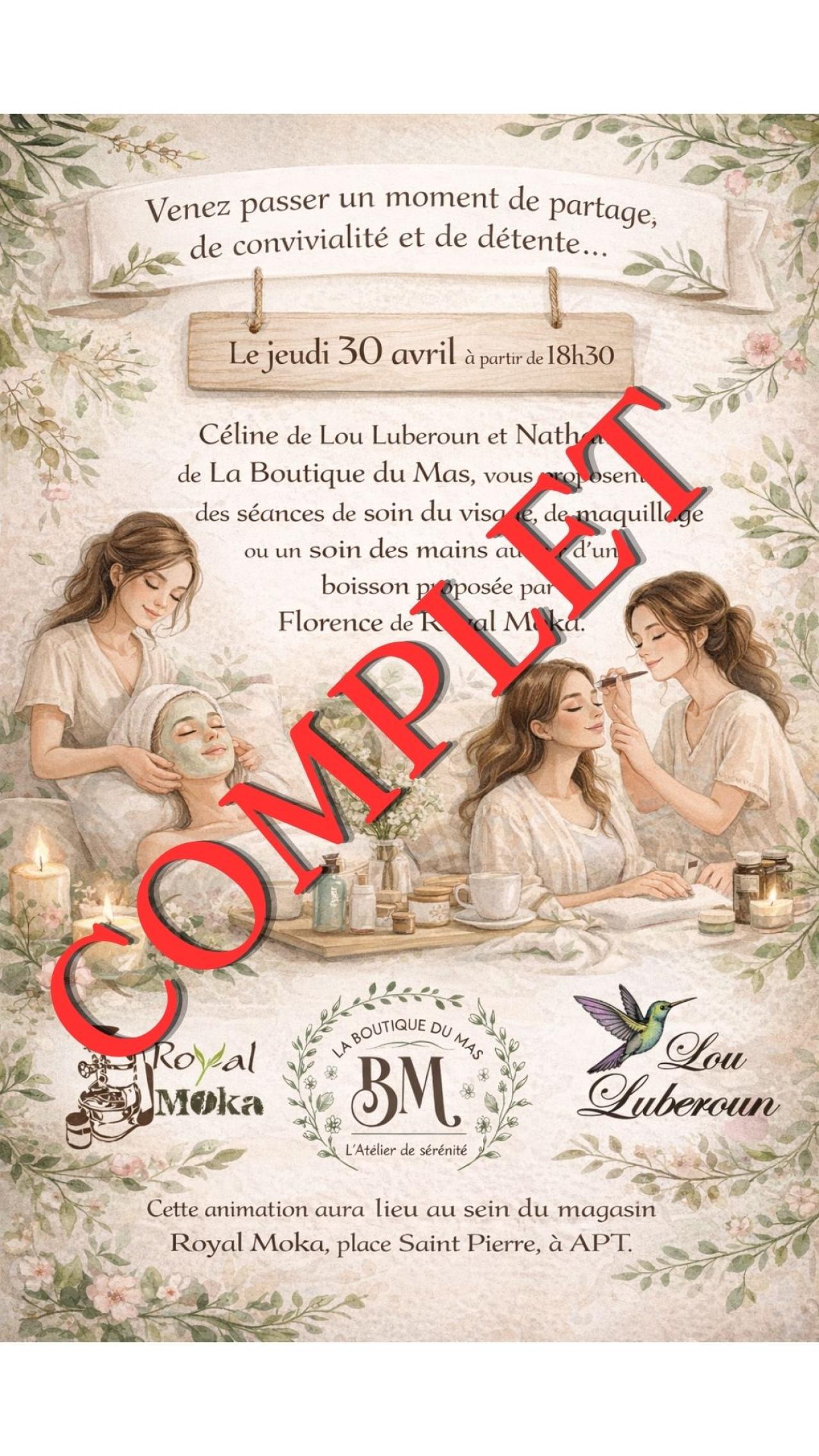 Partage d'un moment de détente  et de convivialité, soin des mains et du visage, dégustation de tisanes.